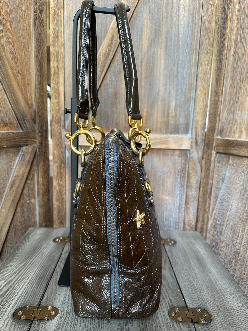 Goldenbleu Made in Italy Vintage Dark Brown Patent Leather Gold Stars Satchel - Picture 4 of 14